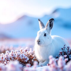 A fluffy white rabbit sits gracefully amidst a vibrant array of colorful flowers, its soft fur contrasting beautifully with the blossoms surrounding it.