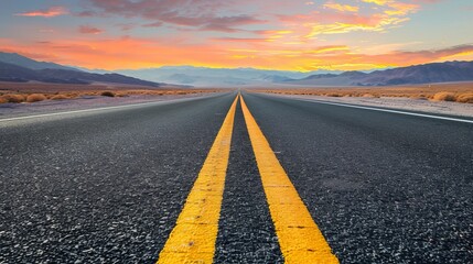 Scenic desert road at sunset featuring a vibrant pink and orange sky over the horizon