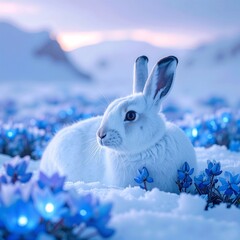 A fluffy white rabbit sits gracefully in a blanket of soft, glistening snow, its ears perked up and nose twitching, surrounded by a serene winter landscape.