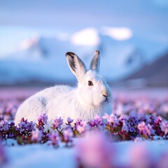 A fluffy white rabbit sits gracefully among vibrant purple flowers, its soft fur contrasting beautifully with the rich hues of the blossoms surrounding it.