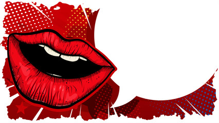 Pop art style lips and speech bubble for promotion and marketing banner , poster with copy space- vector illustration
