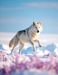A majestic wolf dashes through a snowy landscape, its fur glistening in the sunlight, vibrant wildflowers clutched gently in its mouth.