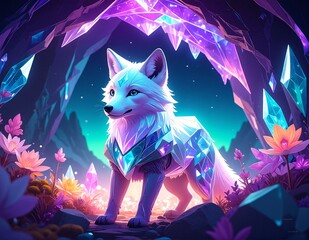 A majestic wolf stands confidently in front of a weathered stone arch, its fur glistening in the soft sunlight, surrounded by lush greenery.
