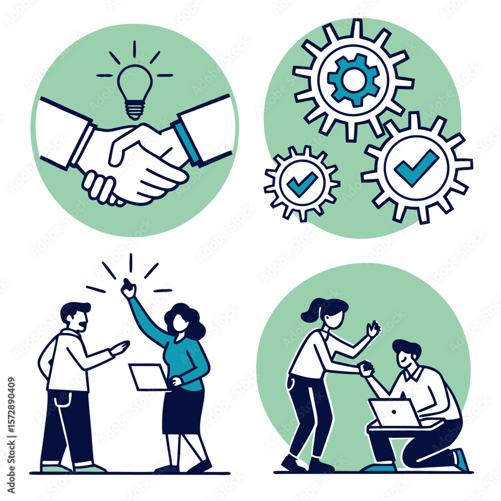 Aufkleber four circular icons depicting business collaboration teamwork idea generation and successful project