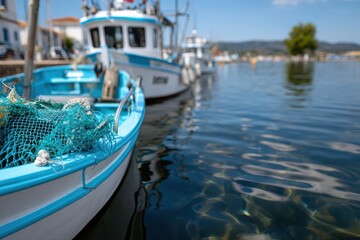 A picturesque fishing boat moored in a serene harbor, showcasing its vibrant blue color and netting that reflects the tranquility of coastal life and fishing culture.