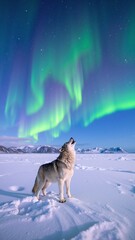 A majestic wolf stands gracefully in a snowy landscape, illuminated by vibrant aurora lights dancing across the night sky, creating a magical atmosphere.