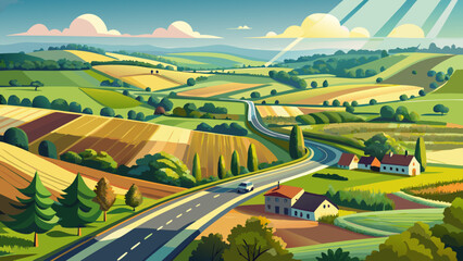 Fototapeta premium Very beautiful Aerial flight above rural road and fields in the English countryside