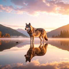 A majestic wolf stands alert at the edge of a serene lake, its fur glistening in the sunlight, surrounded by lush greenery and distant mountains.