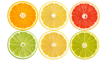 set of citrus fruits in wheel slices transparent png cutout isolated on white 
