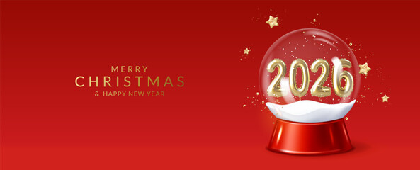 Christmas and New Year greeting card with snow globe with numbers 2026