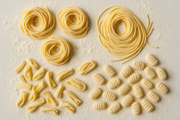 Assortment of handmade fresh pasta shapes on floured surface top view