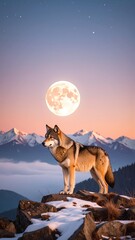 A majestic wolf stands proudly atop a rugged mountain peak, its fur glistening in the sunlight, overlooking a breathtaking valley below.