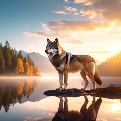 A majestic wolf stands proudly atop a rugged rock formation, gazing intently at the shimmering water below, surrounded by lush greenery and soft sunlight.