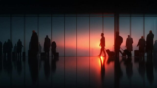 many people waiting in long queues at the airport before boarding a plane - traveling concept	
