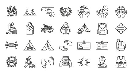 Humanitarian Aid, Refugee Support, and Relief Line Icon Set