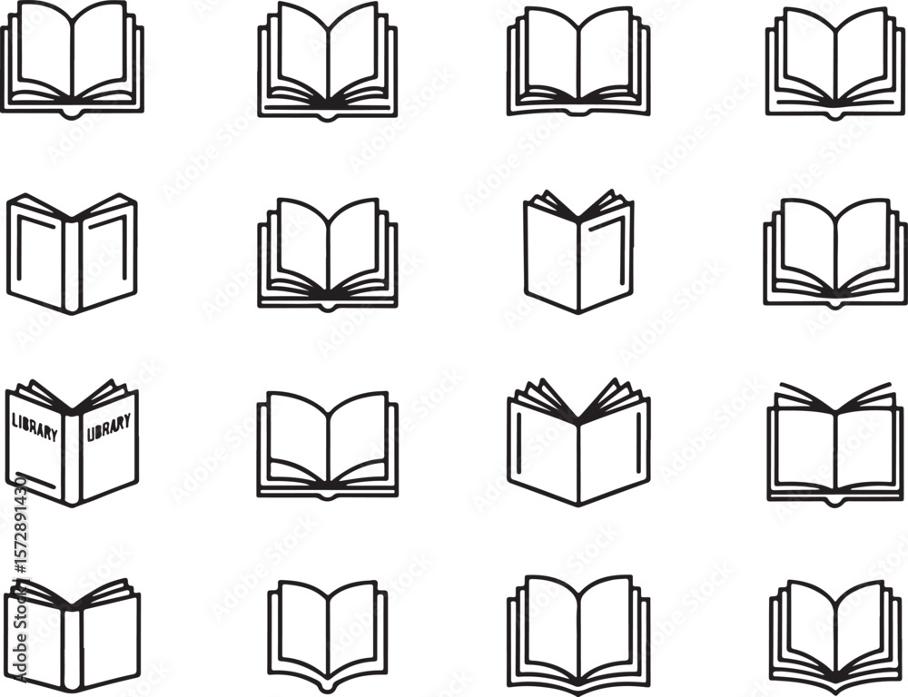 Poster collection of open book icons in black and white simple line drawings for academic projects and read