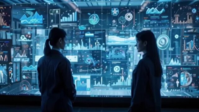 Two women observing a wall of interactive digital displays