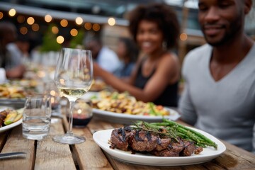 A visually appealing plate of grilled steak with asparagus and potatoes at a lively dinner table, showcasing the joy of shared meals and connection among friends.