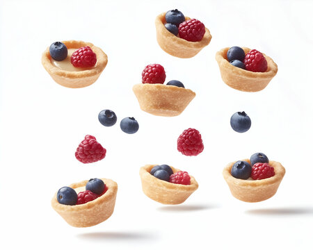 Floating mixed berry tartlets on a crisp white background create a sweet fantasy - Powered by Adobe
