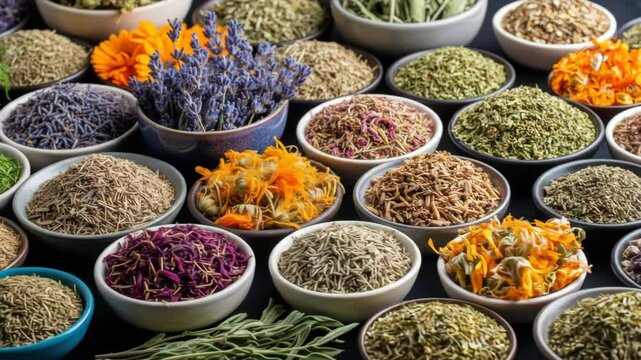 Assortment of dried herbs and colorful flowers in bowls: culinary herbs, spices.