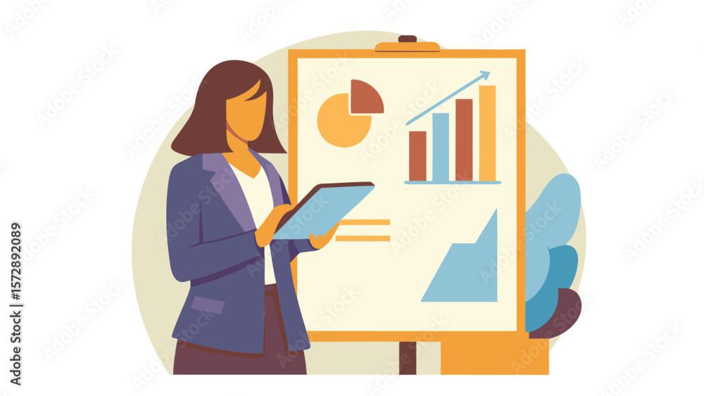 Poster a woman in a suit presents data on a tablet next to a chart with pie and bar graphs and line charts