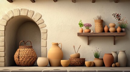 Rustic pottery display on wooden shelf with baskets and plants in warm earthy tones