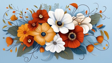 Vibrant Artistic Floral Arrangement with Orange, Red, and White Flowers on Blue Background