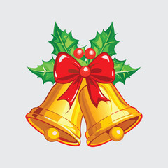 "Golden Christmas Bells with Red Bow and Holly Decoration"