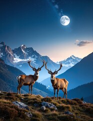 Two graceful deer stand atop a lush green hill, their ears perked up, with majestic mountains rising in the background under a clear blue sky.