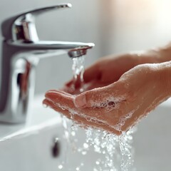 a person washing hands with soap and water, Handwashing Day awareness, front view, photorealistic style, bright clean lighting, isolated on white background