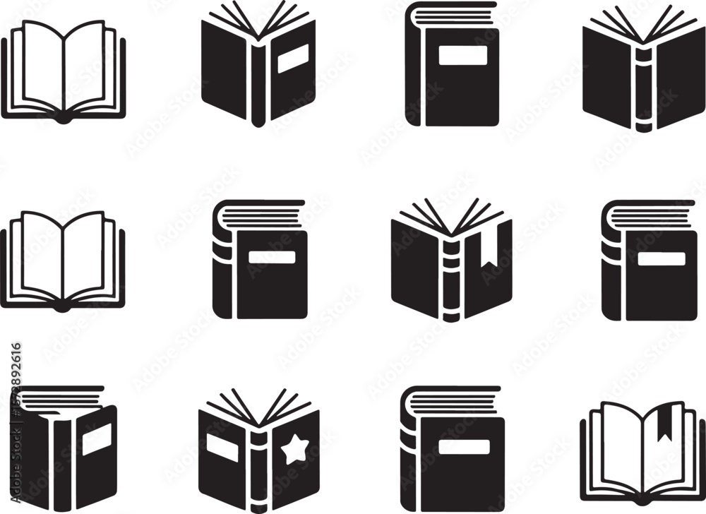 Poster collection of book illustrations representing reading and knowledge acquisition depicted with black 