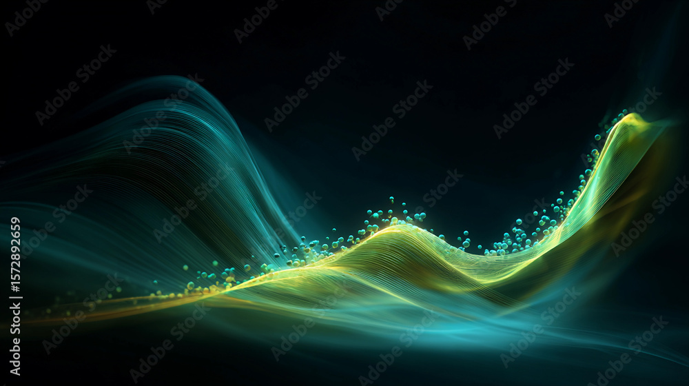 Poster Colorful abstract wave pattern with glowing bubbles in dark background