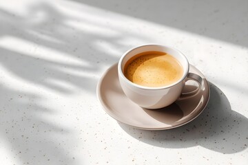 High-resolution photo with ceramic cup of coffee with saucer. Cappuccino. Americano. Flat white. Coffee latte. For editorial or commercial use. Coffee cup background. Cafe advertising. Espresso