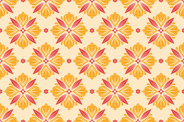 Seamless abstract floral pattern with stylized red and orange blossoms on a cream background,...