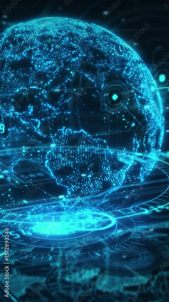 Poster hologram of planet earth rotating showing data analysis