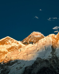 Close up Evening colored view of Mount Everest. Khumbu valley, Solukhumbu, Sagarmatha national park, Nepal
