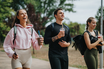 A group of three friends walking and laughing in a vibrant outdoor park, carrying smoothies.
