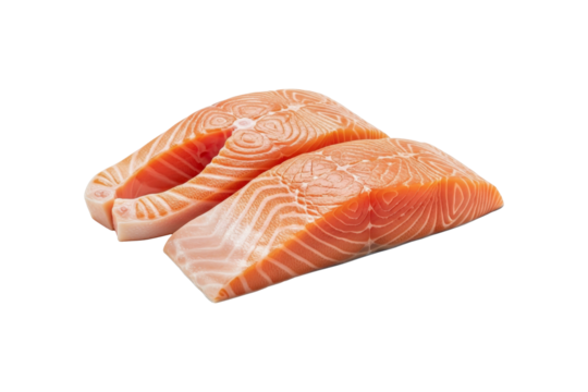 Two raw salmon fillets, PNG isolated on transparent background, Fresh fish for healthy cooking