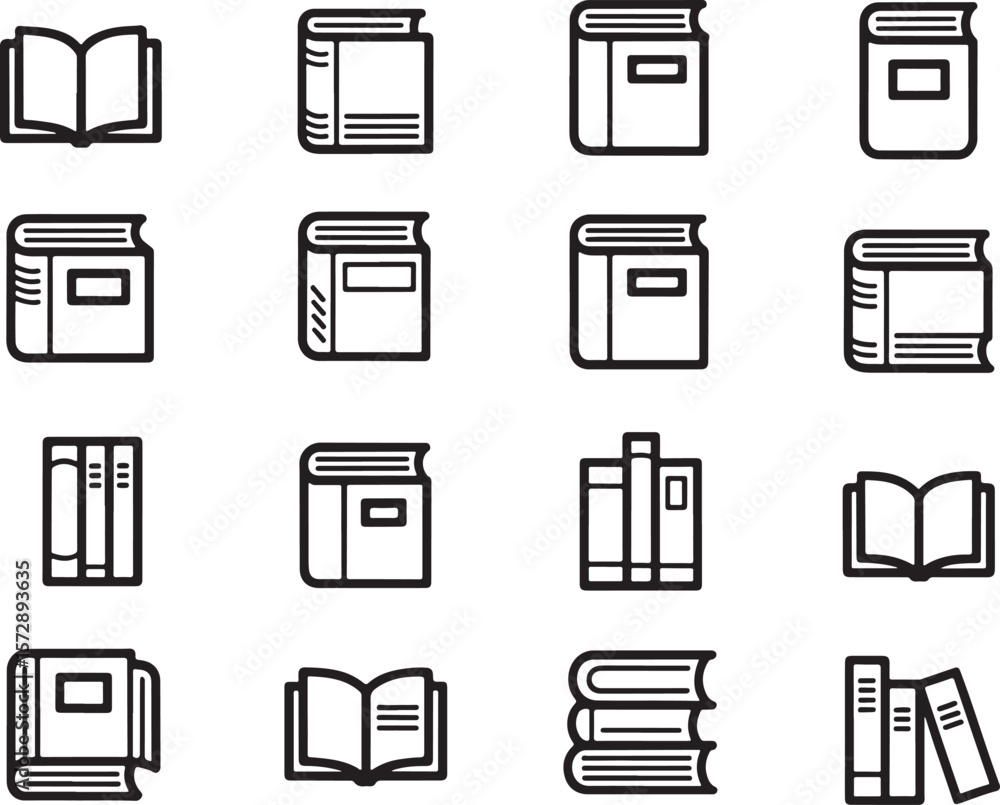 Poster collection of books icons depicting various styles and formats in a minimalist black and white desig