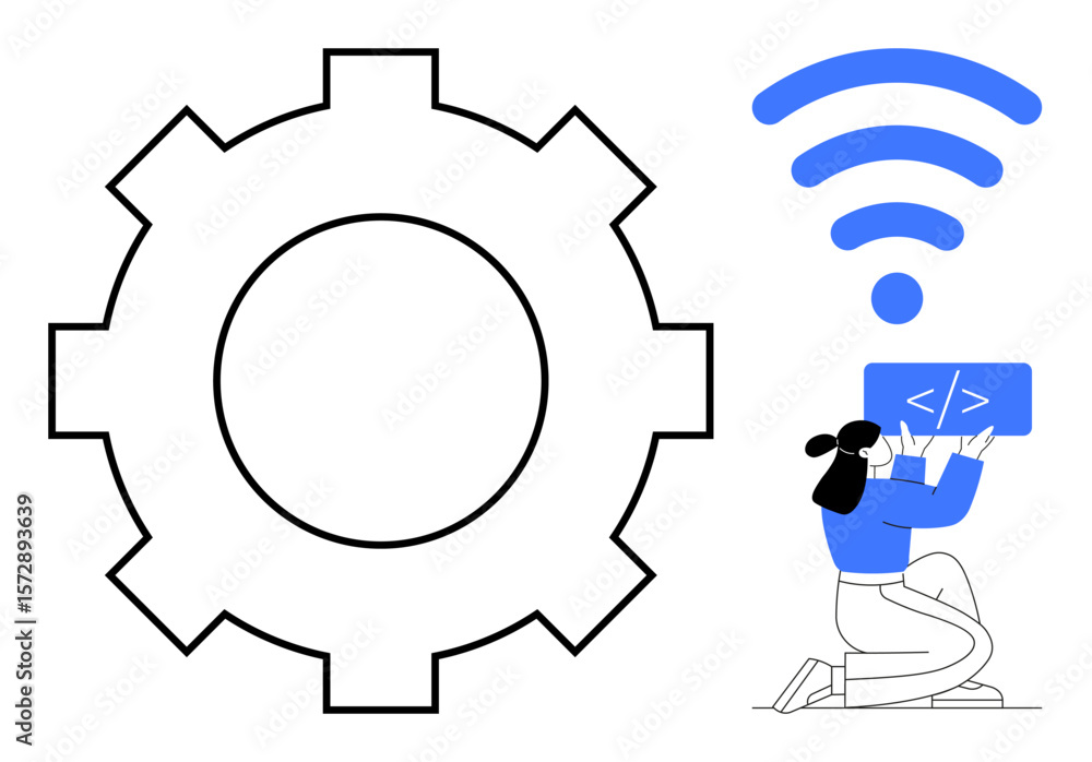 Poster woman holding a coding screen near gear and wireless signal. ideal for technology, coding, developme