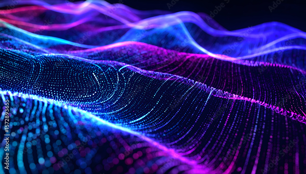 Poster vibrant blue and purple particle waves undulate across a dark background, creating a mesmerizing abs