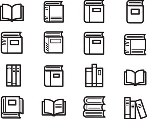 Collection of Books Icons Depicting Various Styles and Formats in a Minimalist Black and White Design Scheme