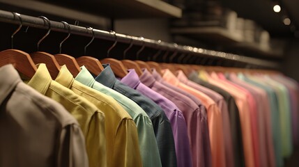 A variety of colorful shirts neatly arranged on hangers

