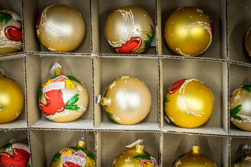 Christmas balls on the counter of the store