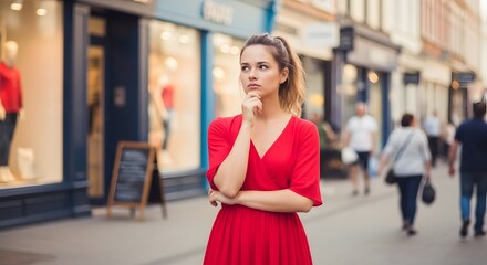 A woman in a red dress thoughtfully considers something while standing on a street.