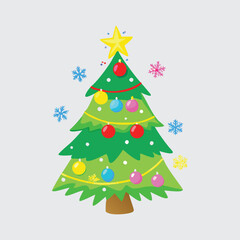 "Christmas Tree with Star, Ornaments, and Snowflakes"