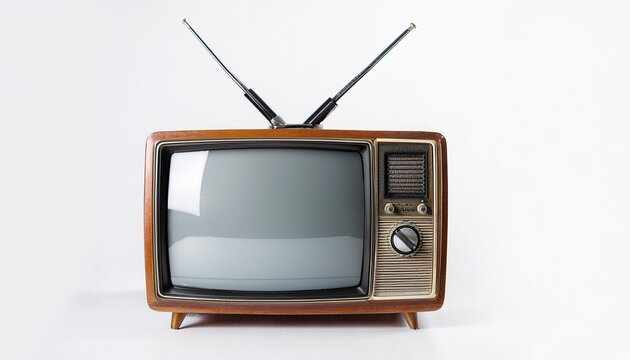 vintage tv with antennas on white background
