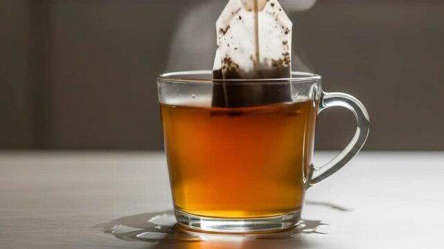 Steaming hot tea with teabag being brewed in glass cup, close-up shot