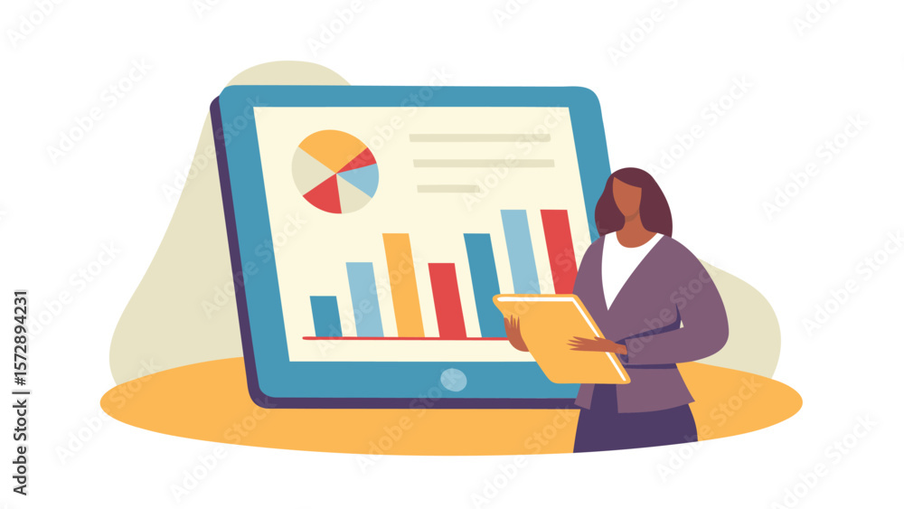 Poster woman analyzing data on a tablet with bar graph and pie chart for business presentation and strategy
