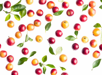 Delicate scatter of plums and leaves creating a fresh and vibrant backdrop